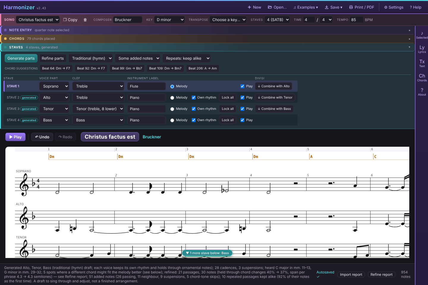 Christus factus est: the soprano line with chords in the lane, the Staves section open with Generate parts set to Traditional (hymn), and the generated alto and tenor below.