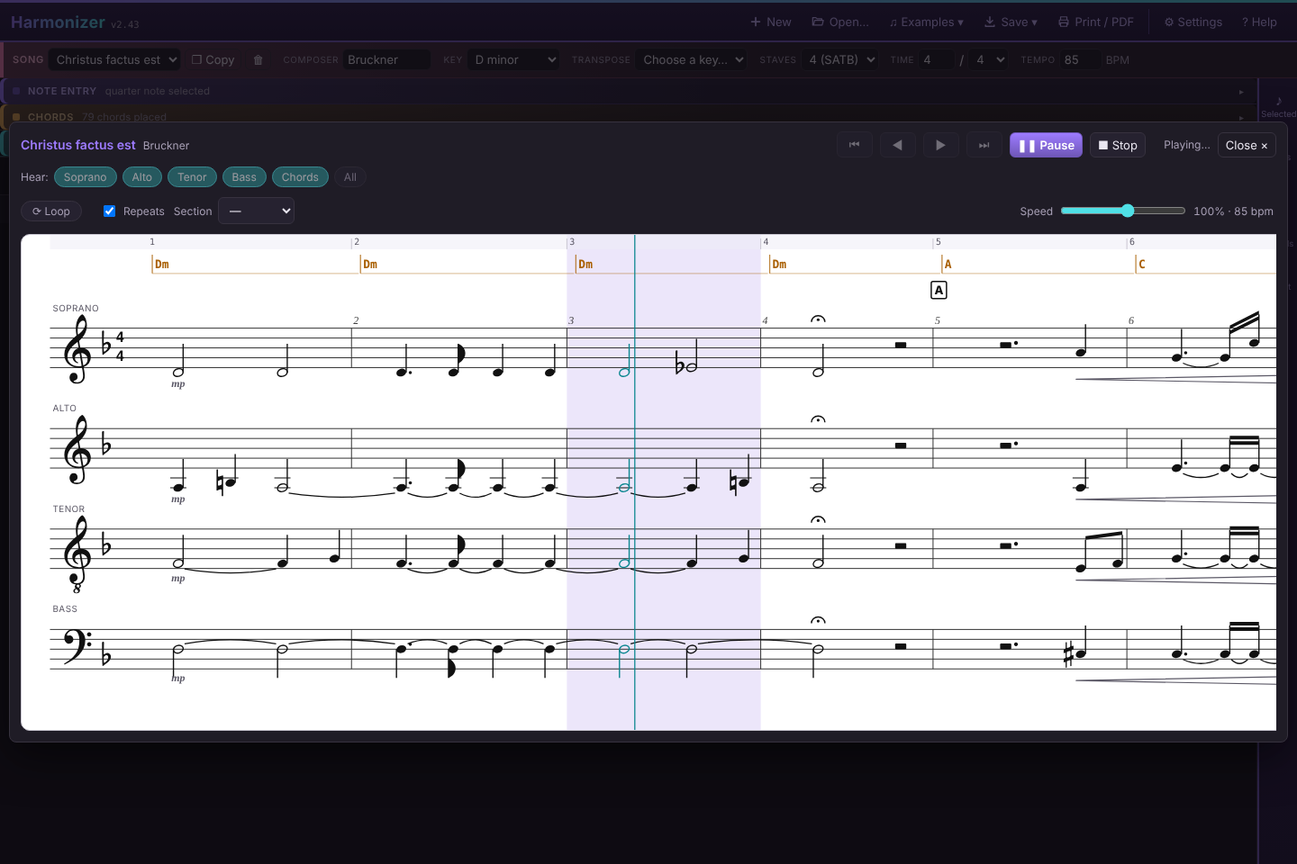 The play window mid-playback, with the current measure shaded, a playhead line, the Hear buttons, Loop, Repeats, Section and Speed.