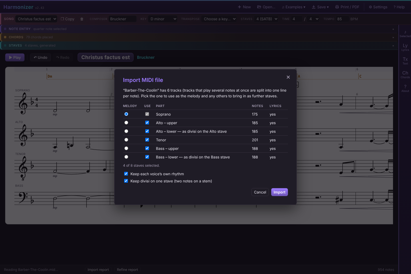 The import dialog for Barber&rsquo;s The Coolin, listing Soprano, Alto upper and lower, Tenor, Bass upper and lower, with the lower lines marked as divisi on their upper staves.