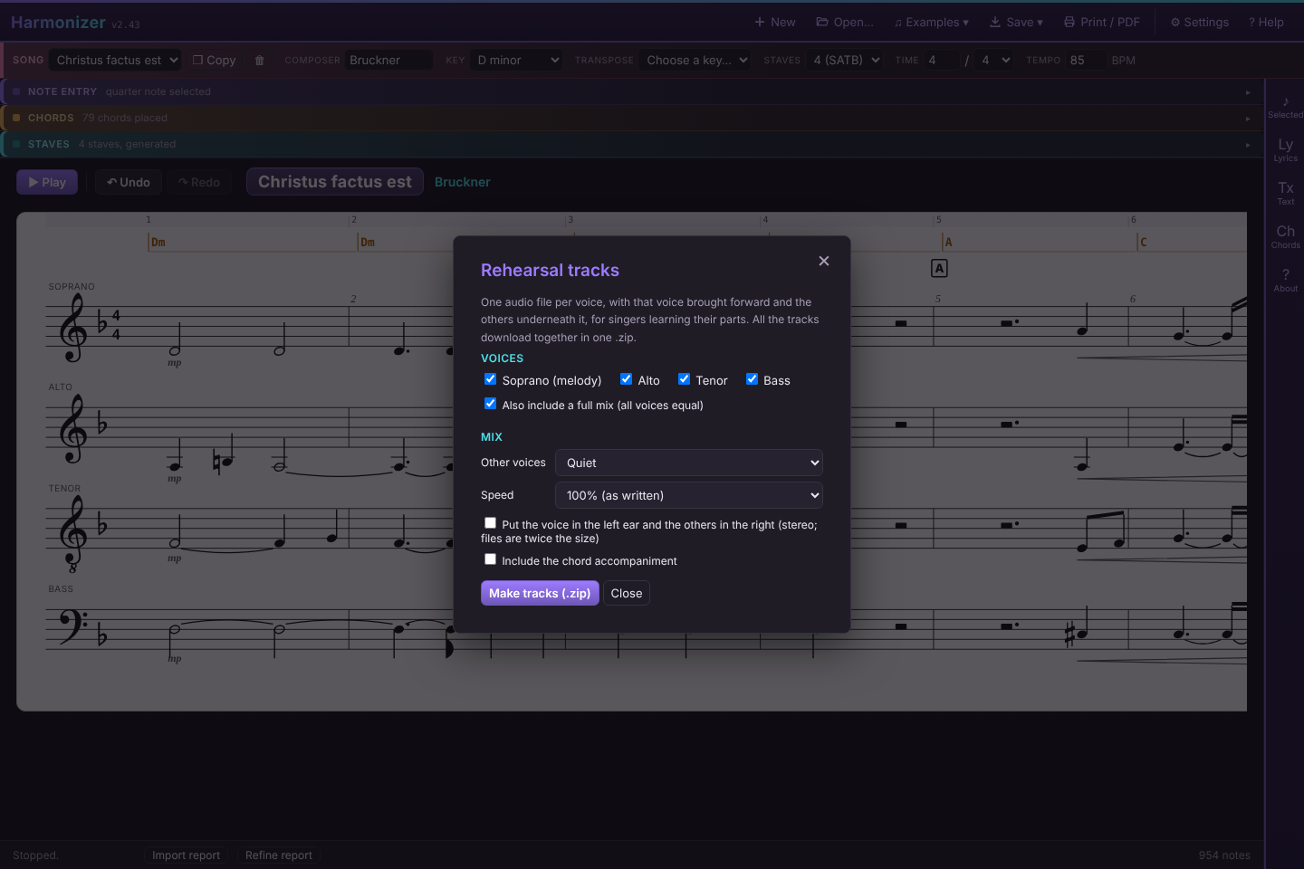 The Rehearsal tracks dialog with voice checkboxes, a full mix option, how loud the other voices are, speed, a left/right ear option and chord accompaniment.